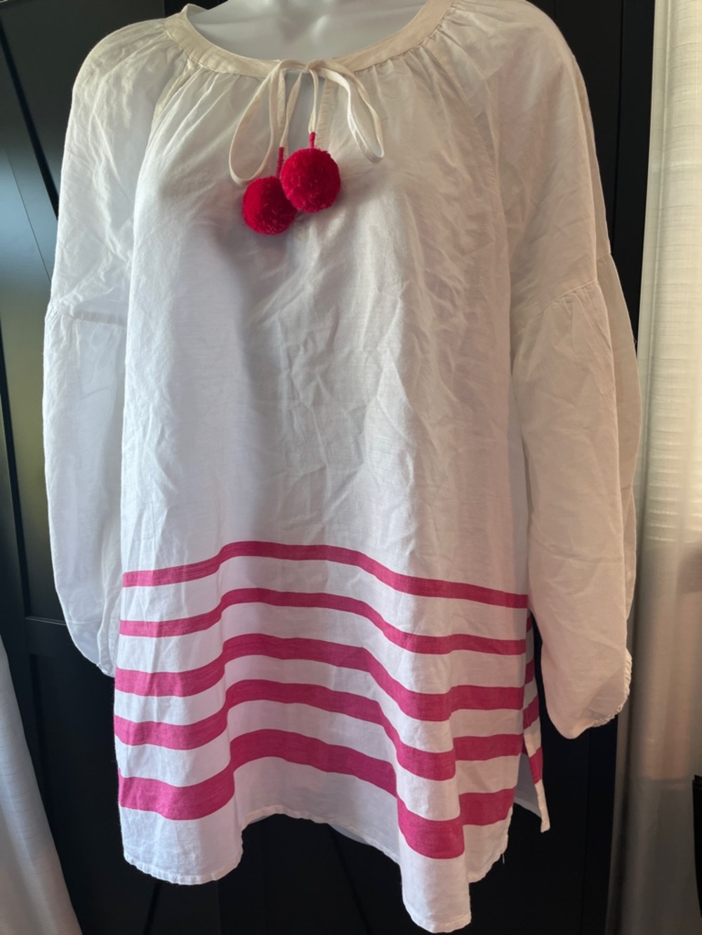 Tommy Bahama White Tunic with Pink Stripe and Pom Tassels